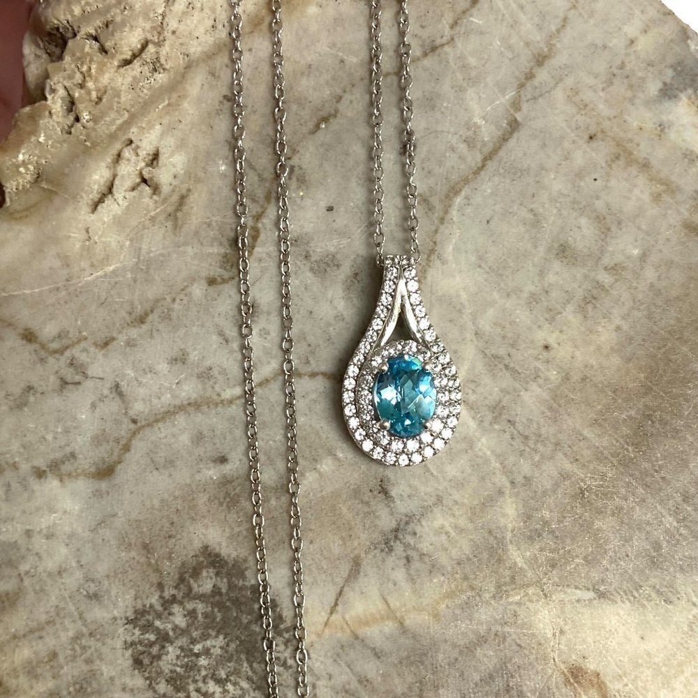 Sterling Silver 925 P☆M Oval Blue Topaz White Topaz Double Halo Pendant Necklace